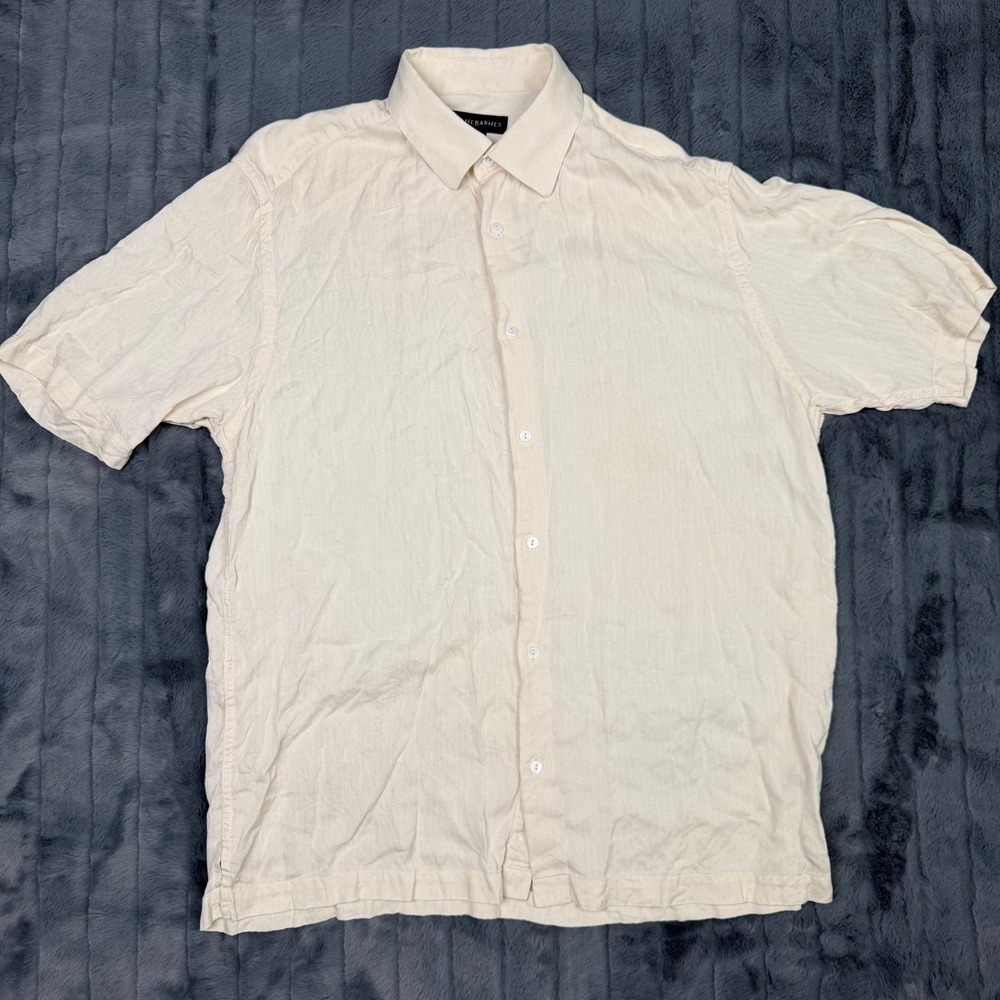Jhane Barnes Mens Large 100% Silk Short Sleeve Button Down Shirt Cream Textured